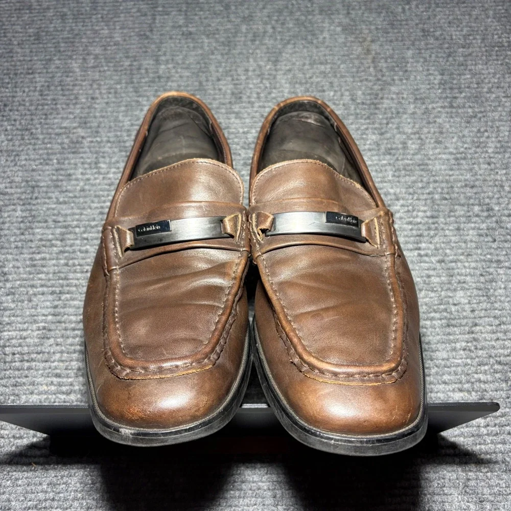 Calvin Klein Cordell Mens Brown Leather Square Toe Loafers Shoes 12M 34F0254